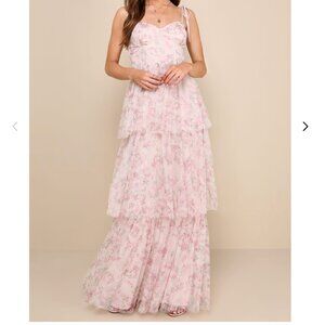 Lulus Blissfully Gorgeous Blush Floral Tie-Strap Bustier Maxi Dress (Size M)